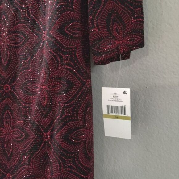 SLNY Red Black bling Christmas party formal bodycon sheath midi dress womens 14 - Picture 4 of 5